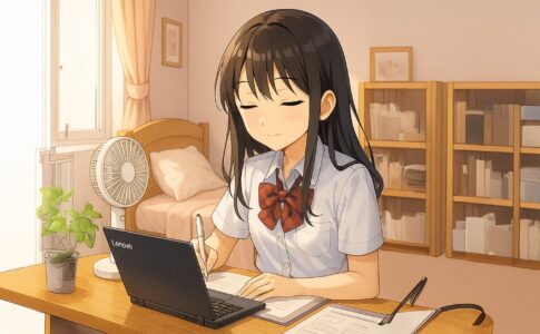 真夏の部屋で勉強する女の子とシンクパッド