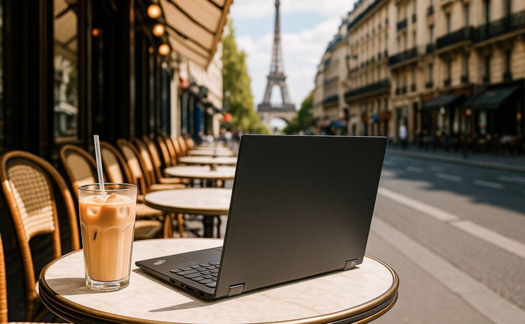 シャンゼリゼ通りのようなテラス席のカフェにカフェラテのアイスと、ThinkPadがおいてある