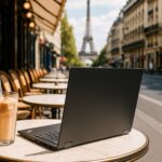 サンジェリジェ通りのようなテラス席のカフェにカフェラテのアイスと、ThinkPadがおいてある