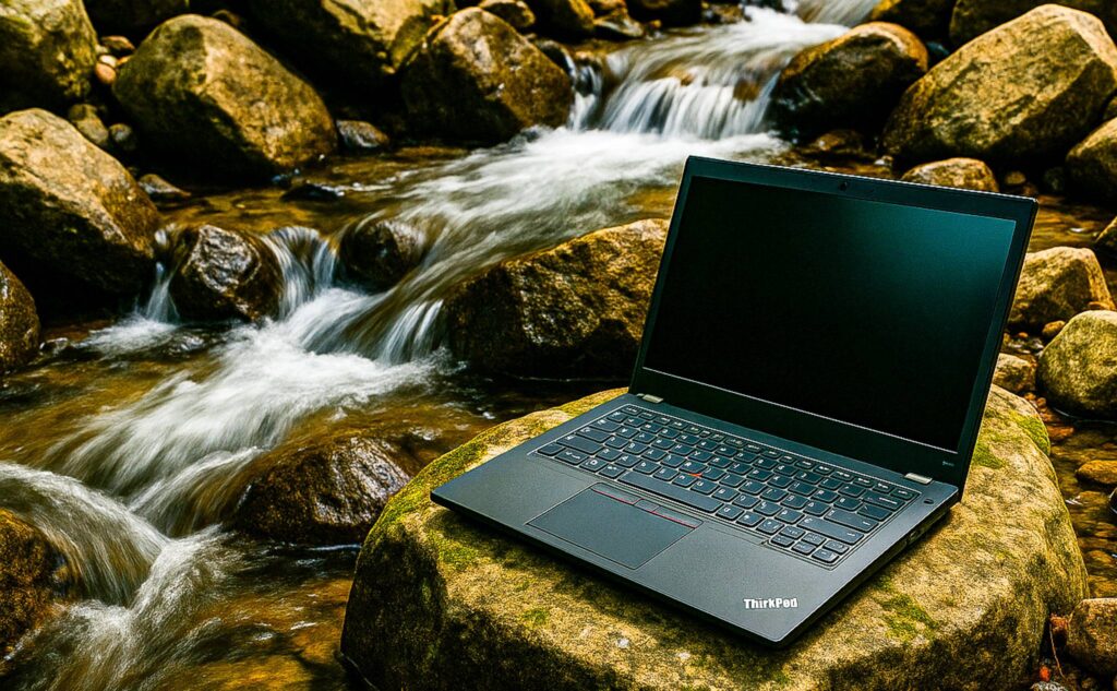 秋の面影感じるせせらぎとThinkPad。