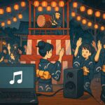 盆踊りの季節にお祭りの踊りを再生するThinkPad。