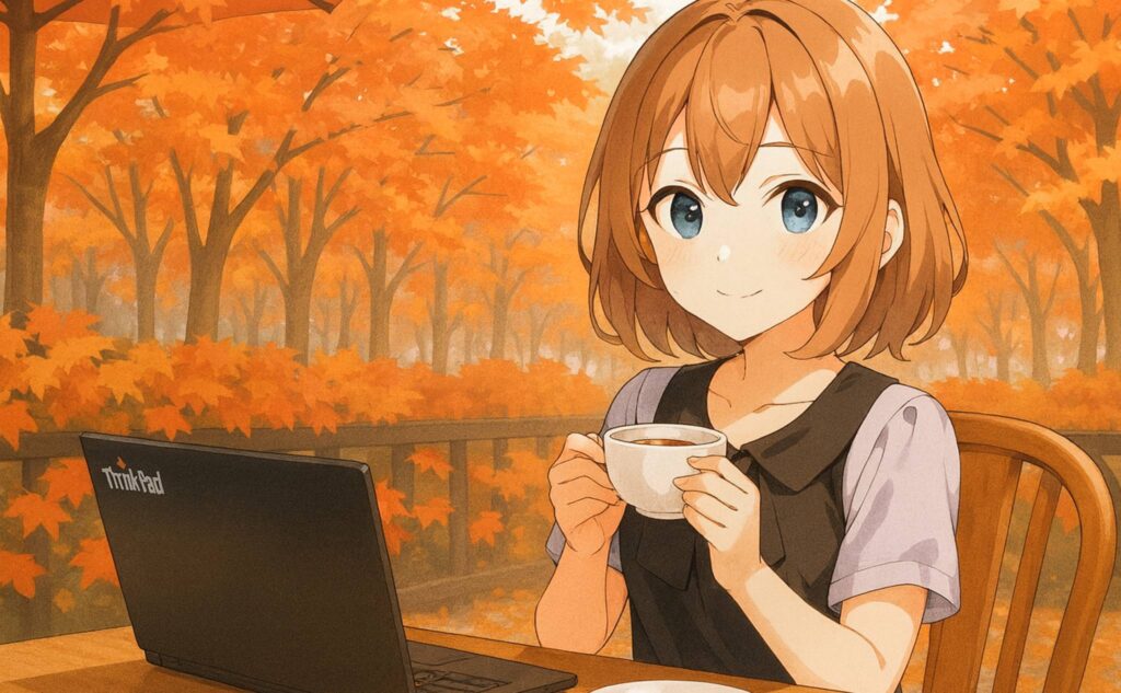 秋の紅葉が背景にカフェでThinkPadをしている秋の女性