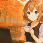 秋の紅葉が背景にカフェでThinkPadをしている秋の女性
