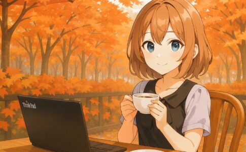 秋の紅葉が背景にカフェでThinkPadをしている秋の女性