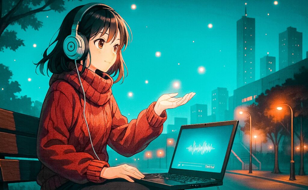 秋の夜風を涼しみつつ、ThinkPadで音楽を聴いている様子