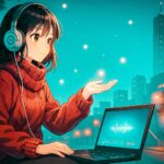 秋の夜風を涼しみつつ、ThinkPadで音楽を聴いている様子