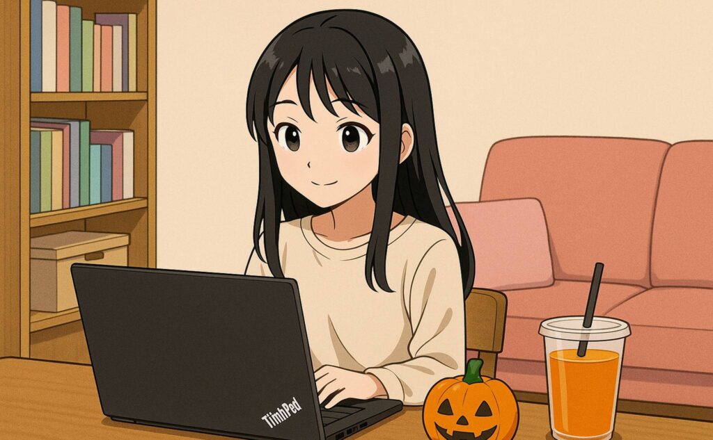 木製の机に置かれたThinkPadの前で、黒髪の日本人女性が穏やかにパソコン作業をしています。机の上にはハロウィンの小さなカボチャとオレンジジュースが並び、背景には淡いピンクのソファと本棚が見える、かわいらしい部屋。