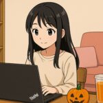 木製の机に置かれたThinkPadの前で、黒髪の日本人女性が穏やかにパソコン作業をしています。 机の上にはハロウィンの小さなカボチャとオレンジジュースが並び、背景には淡いピンクのソファと本棚が見える、かわいらしい部屋。