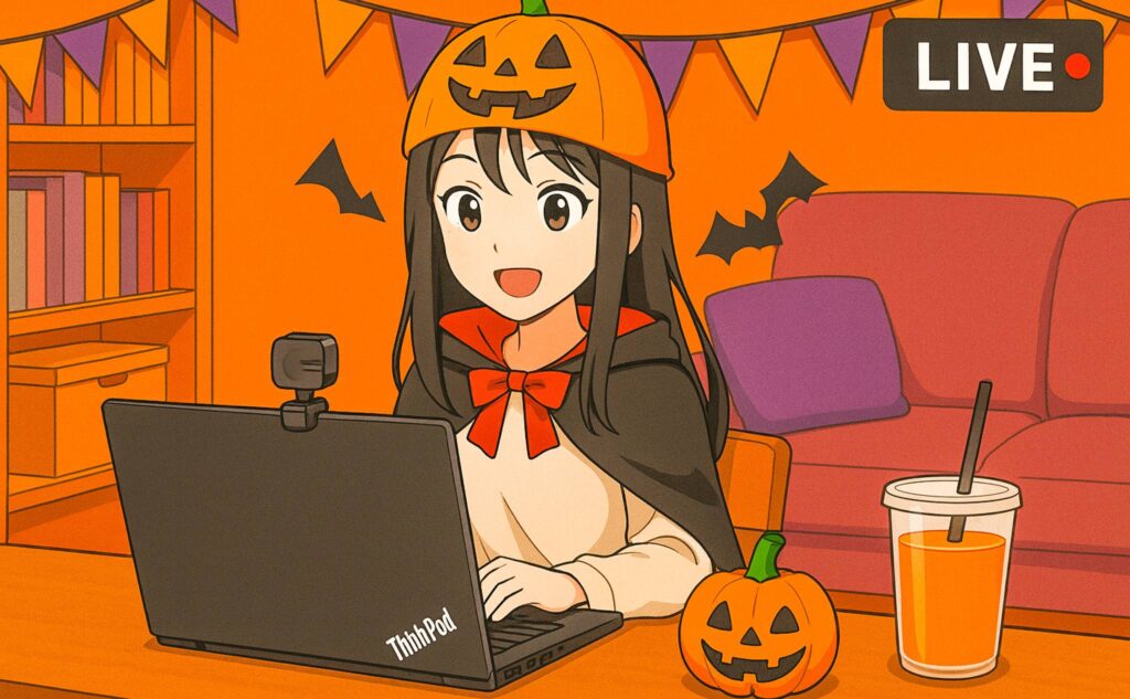 ハロウィンでThinkPadを使いライブ配信している様子