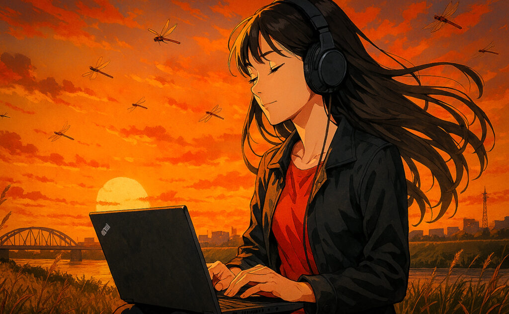 秋の夕暮れ、河川敷に腰を下ろした長い髪の女性がThinkPadを前に、ヘッドフォンで音楽に浸っています。黄金色の空を赤とんぼが舞い、夕日の光が彼女の横顔と髪を照らし出し、静かな時間と季節の移ろいを美しく切り取った一枚です。