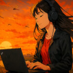 秋の夕暮れ、河川敷に腰を下ろした長い髪の女性がThinkPadを前に、ヘッドフォンで音楽に浸っています。黄金色の空を赤とんぼが舞い、夕日の光が彼女の横顔と髪を照らし出し、静かな時間と季節の移ろいを美しく切り取った一枚です。