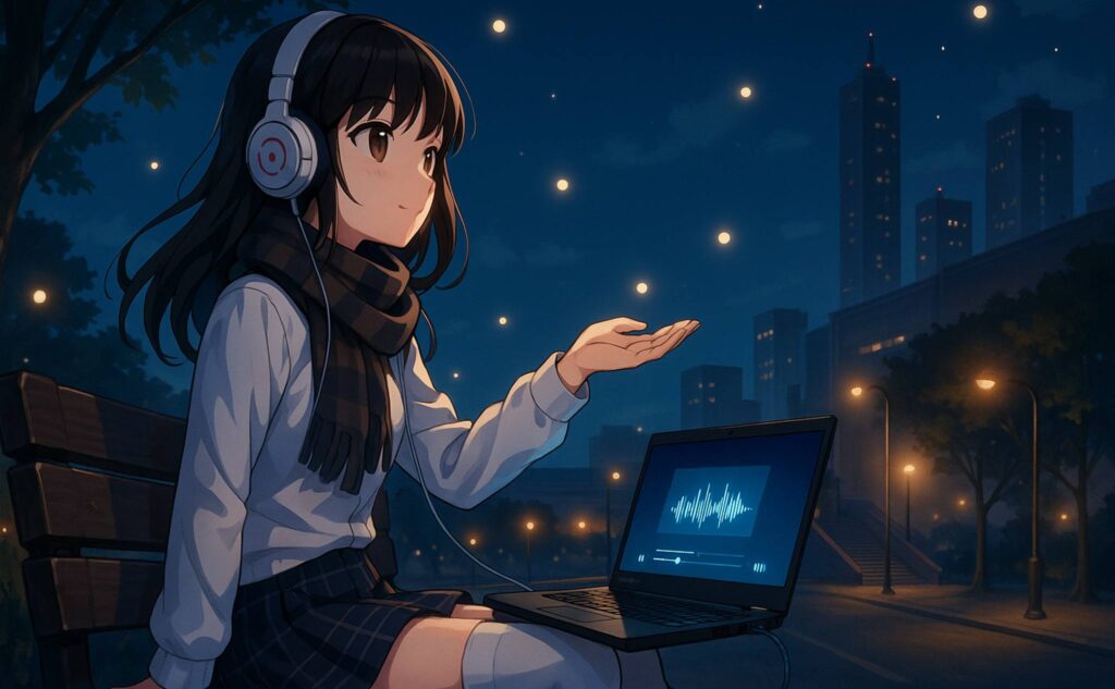 夜にThinkPadで音楽を楽しむ女性
