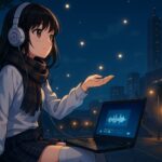 夜にThinkPadで音楽を楽しむ女性