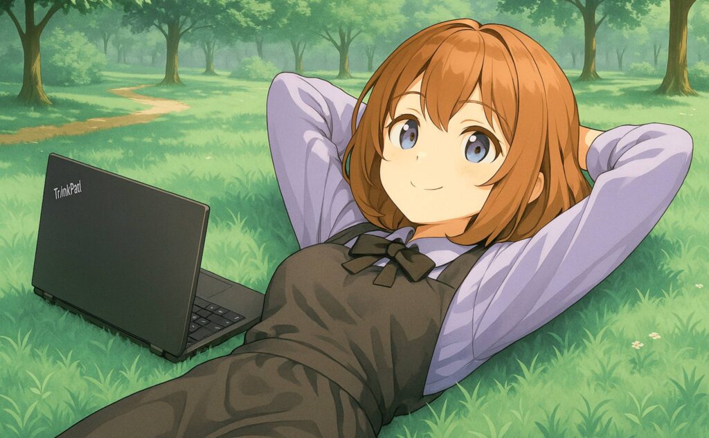 ThinkPadを隣に置いて草原でリラックスする女性