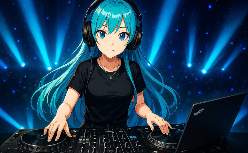 DJで音楽の再生や新しいテクニックにThinkPadを使って演奏している女性の様子