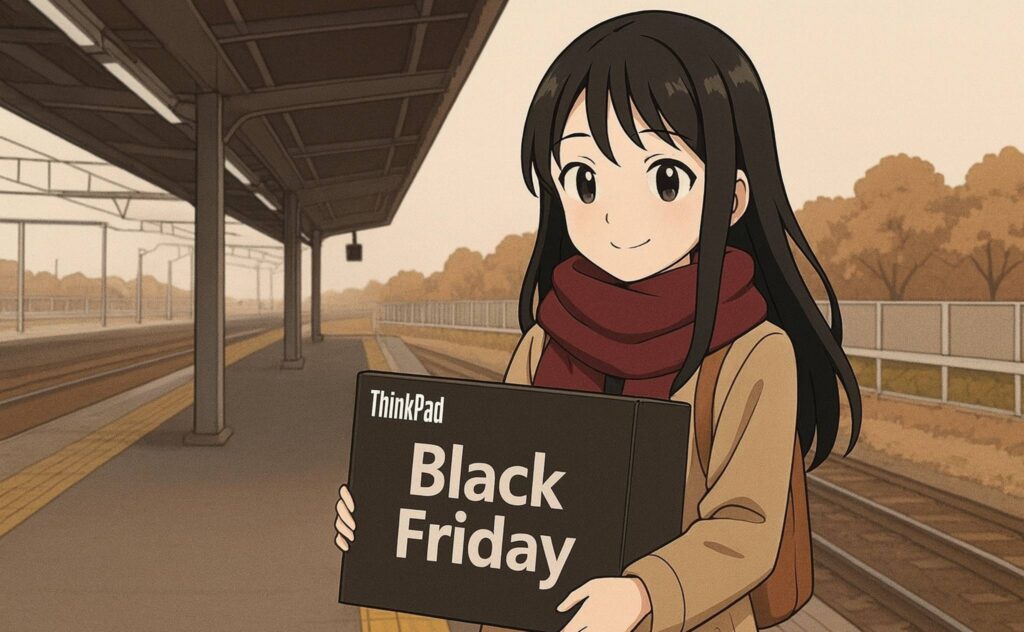 ブラックフライデーセールにThinkPadを購入して持ち帰る女性