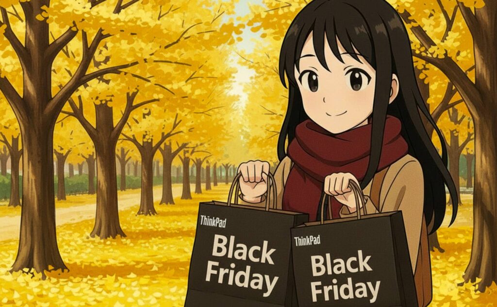 ブラックフライデーセールでThinkPadを2台買い、紅葉が綺麗な公園を通って着たくする紅葉が綺麗な公園を通っている