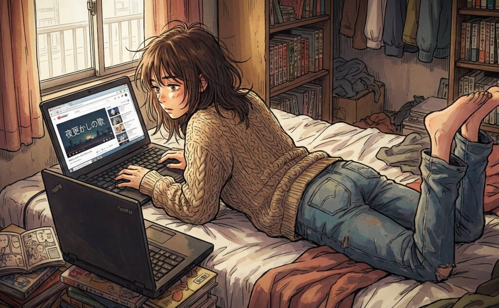 自室でThinkPadを楽しんでいる女性冬のデスクワークもThinkPadとなら快適