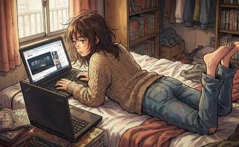 自室でThinkPadを楽しんでいる女性